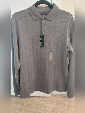 Van Heusen Men's Long-Sleeve Polo in Charcoal Grid
